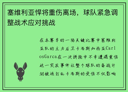 塞维利亚悍将重伤离场，球队紧急调整战术应对挑战
