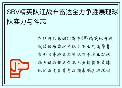 SBV精英队迎战布雷达全力争胜展现球队实力与斗志