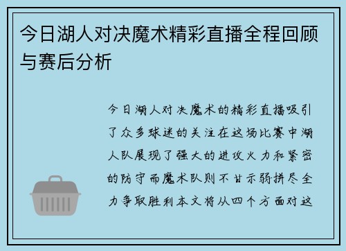 今日湖人对决魔术精彩直播全程回顾与赛后分析