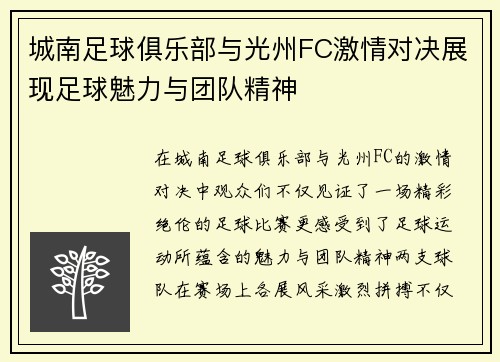 城南足球俱乐部与光州FC激情对决展现足球魅力与团队精神