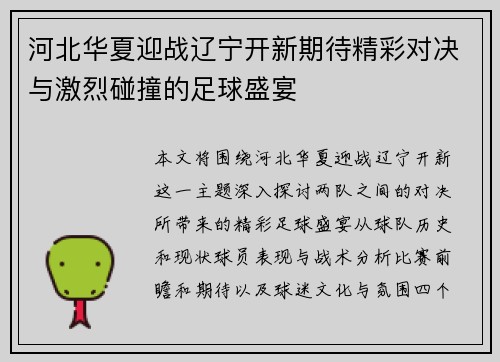 河北华夏迎战辽宁开新期待精彩对决与激烈碰撞的足球盛宴