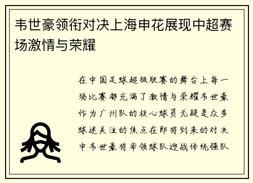 韦世豪领衔对决上海申花展现中超赛场激情与荣耀