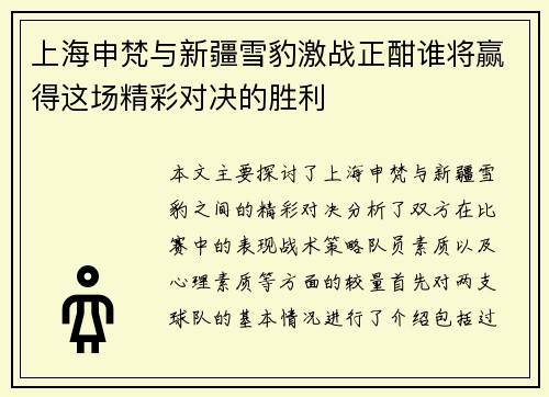 上海申梵与新疆雪豹激战正酣谁将赢得这场精彩对决的胜利