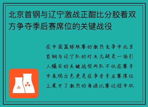 北京首钢与辽宁激战正酣比分胶着双方争夺季后赛席位的关键战役