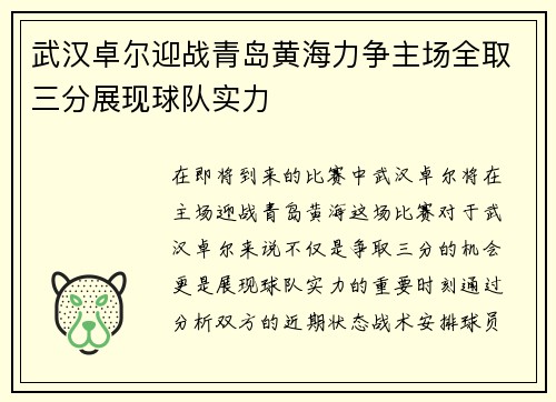 武汉卓尔迎战青岛黄海力争主场全取三分展现球队实力