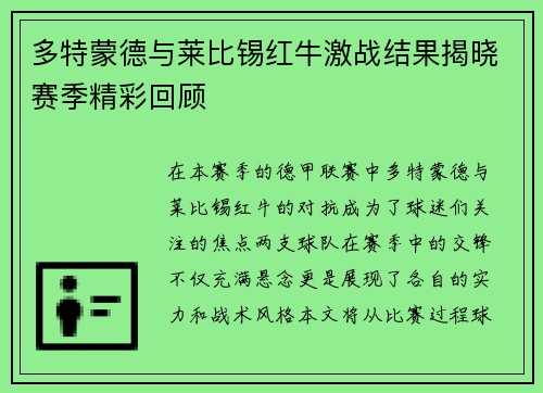 多特蒙德与莱比锡红牛激战结果揭晓赛季精彩回顾