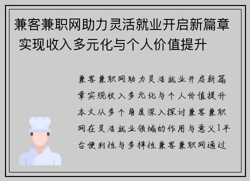 兼客兼职网助力灵活就业开启新篇章 实现收入多元化与个人价值提升