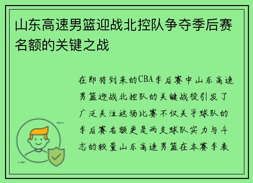 山东高速男篮迎战北控队争夺季后赛名额的关键之战